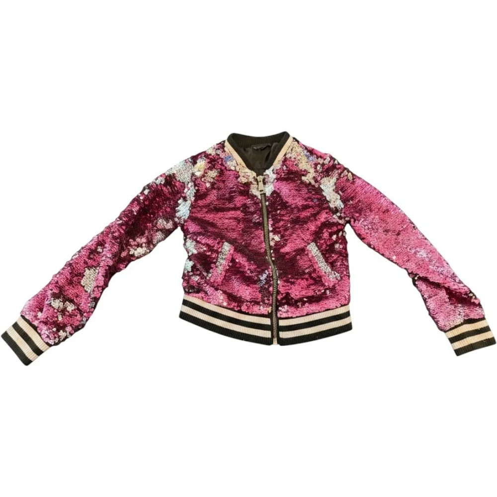 Kids Pink Silver Flip Sequin Bomber Jacket Full Zip Striped Trim Sparkly Coat